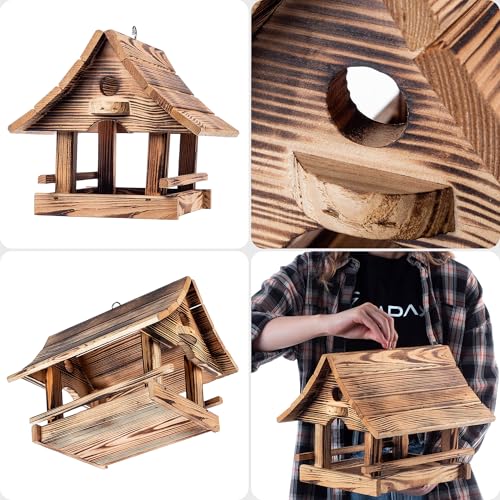 KADAX Vogelhaus zum Aufhängen, Vogelfutterhaus aus Holz, wetterfest Futterhaus für Vögel im Garten & Balkon, Vogelhäuschen, Vogelfutterstation (Hellbraun)