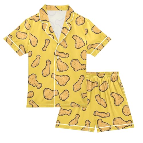 ALAZA Chicken Legs Yellow Pajamas Satin Pajama Set Short Sleeve Button Down Sleepwear