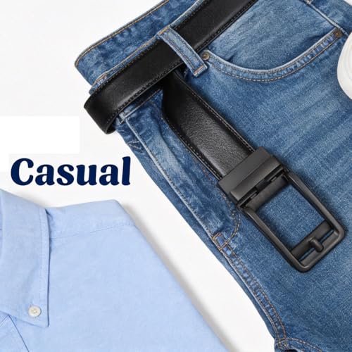 Image of JINIU Men's Ratchet Belt Buckle, Black Genuine Leather Slide Belt for Men Dress Suit, Micro Adjustable Trim to Fit Boxed