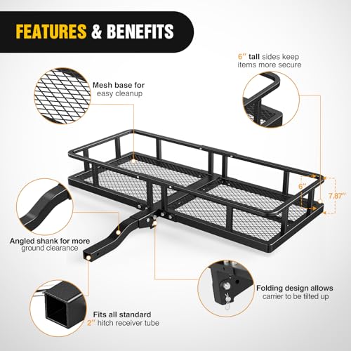 Image of Nilight 60 inch x 20 inchx 7.87 inch Folding Carrier Fits 2-Inch Receiver 500 Lbs Capacity Bag Net Ratchet Straps Lock Stabilizer for SUV Pickup RV Van