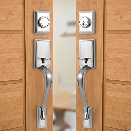 Natsukage Front Door Handle Set Heavy Duty Double Door Lock Set Satin Nickel Double Door Handle Set with Dummy, with Single Cylinder Deadbolt and Lever Handle, Reversible for Right & Left Handed Doors