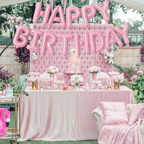 Image of Pink Happy Birthday Balloon Banner, 16 Inch Pastel Pearl Baby Pink Self Inflating Happy Birthday Mylar Foil Balloon, Birthday Bunting Banner Letter Balloons for Girls Women Birthday Party Decorations