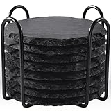 GOH DODD Lot de 8 Dessous de Verre Ardoise avec Support Métal - Coffret 10 cm pour Protection Tables - Décoration Maison, Cuisine, Bar - Cadeau Mariage ou Pendaison de Crémaillère (Noir, Rond)