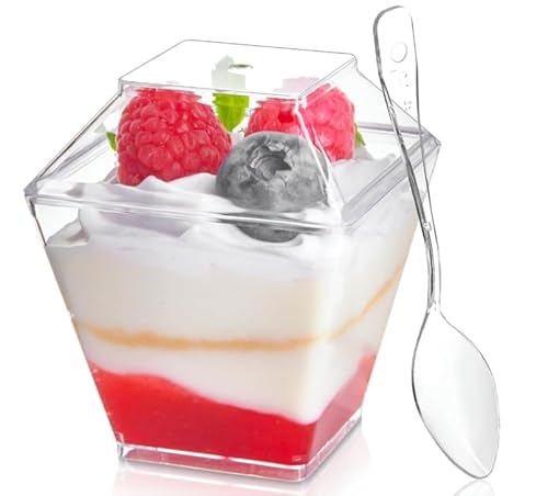 Qeirudu 100 Pack 2 oz Mini Dessert Cups with Lids and Spoons Clear Plastic Square Appetizer Cups Parfait Cups Small Tumbler Serving Bowl for Tasting Party Dessert Samples