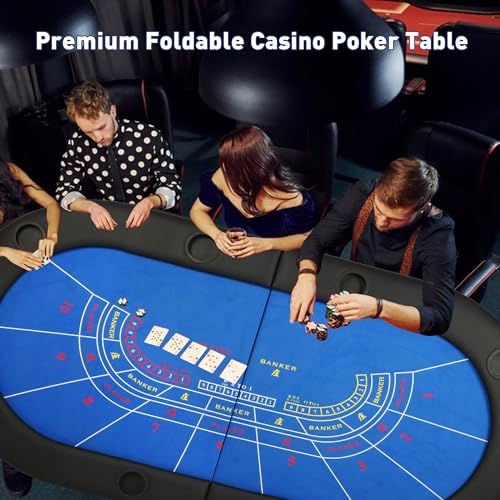 LUCKYERMORE Foldable Poker Texas Holdem & Blackjack Table for 8 Players - Portable Board Game Table with Plastic Cup Holders - Casino Table with Padded Rails & Blue Felt Surface - Thumbnail 7