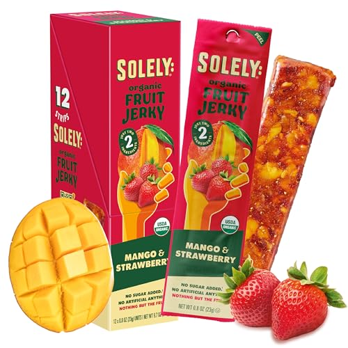 Image of SOLELY - Organic Mango Strawberry Fruit Jerky - 12 Individually Wrapped Fruit Strips - Fruit Leather - Healthy Snacks for Adults & Kids - Non GMO, Vegan Snacks - 0.8oz (23g)