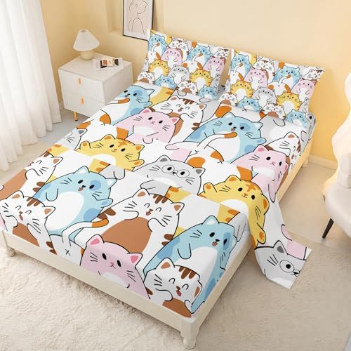 CVHouse Kawaii Bed Set Sheets Twin Size,Kawaii Cat Bedding