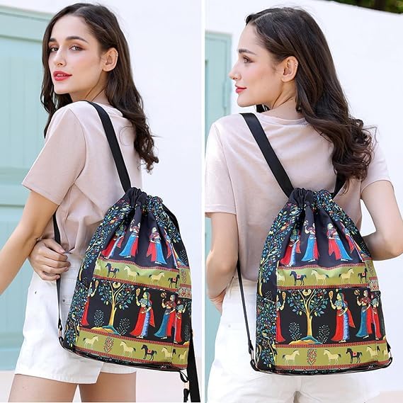 Image of Foldable Drawstring Backpack with Front Zipper and Side Pockets | Lightweight, Packable, Travel Carry Bag with Storage Pouch, For Gym, Beach, Swimming, Sports, Shopping and Daily Use