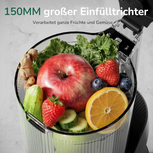 Canoly Entsafter mit 150 mm extra Großer Einfüllschacht, 3-in-1 Sieb (für Saft, Sorbet & Nussmilch), 2,6 L Füllvolumen Slow Juicer mit AC-Motor, Selbstschneid-System Kaltpresse Saftpresse, BPA-Frei – Bild 4