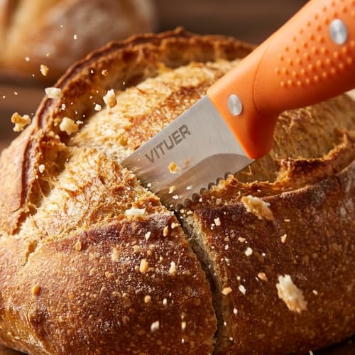 Image of VITUER Bread Knife with Cover, 8 inch Serrated Bread Knife for homemade bread, Bread Cutter Ideal for Slicing Homemade Bread, Bagels, Cake (8-Inch Blade with 5-Inch Handle)
