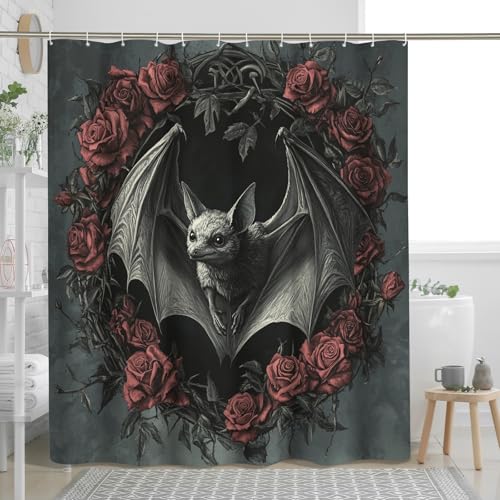 Juego de cortina de ducha de murciélago gótico de terror de Halloween, cortina de ducha gótica vintage aterradora, decoración de baño espeluznante, patrón impreso decorativo de baño, 62 x 72 pulgadas