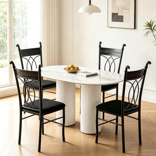 Lot de 4 Chaises de Salle à Manger, Cadre Métallique et Assise Matelassée, Dossier Ajouré, Élégante et Confortable, Facile à Assembler, Chaise...
