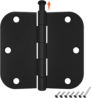 HOSOM Matte Black Door Hinges 3-Pack, 3.5x3.5 Inch 5/8" Radius Corners, Heavy Duty Steel Removable Pin for Interior Doors