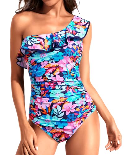 Image of Tempt Me Women One Piece Swimsuits Tummy Control One Shoulder Bathing Suits Ruffle Swimwear