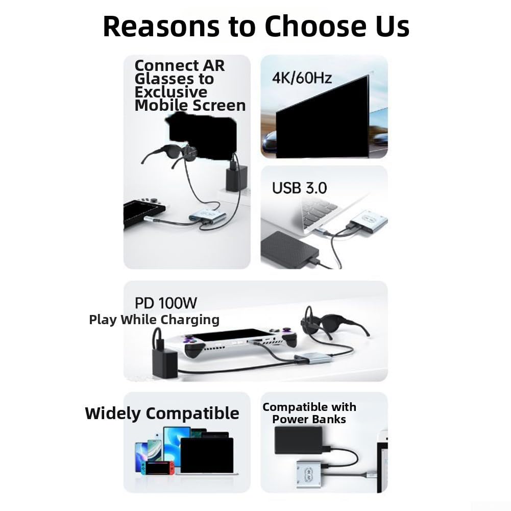 Adapter do okularów USB C na AR, podwójny konwerter do przełącznika do pokładu parowego, wyjście wideo HD, koncentrator odtwarzania i ładowania, srebrny, 8 x 12 cm