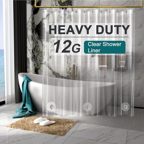Image of AmazerBath Heavy Duty Shower Curtain Liner 12 Gauge, 72 x 65 Inches Clear Shower Curtain Liner with 3 Clear Stones and 12 Grommet Holes, Weighted Plastic Shower Liner