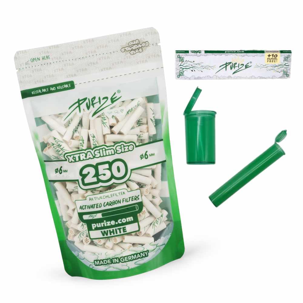 PURIZE Pack of 250 Xtra Slim Size 6 mm (5.9 mm) Activated Carbon Filter with 2 Ceramic Caps Including Joint Tube, Pop-Up Box and Stickers - Choice of Colours (White)
