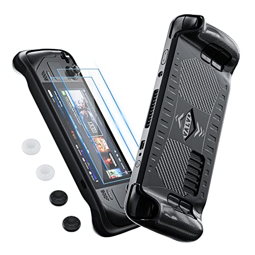 FANPL TPU Hülle für Steam Deck Hülle, Schutzhülle Kompatibel mit Ventil Dampf Deck Konsole, Spielzubehör mit 2 Glas-Displayschutzfolien, 4 Daumengriffkappen, rutschfest, kratzfest, Schwarz Cover