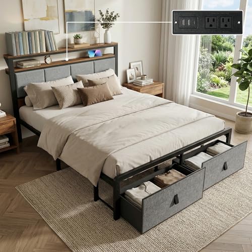 Luviyoo Upholstered Full Bed Frame with 2-Tier Storage Headboard, Metal Platform Bed with Charging Station, Full Size Bed Frame with 2 Under Bed Storage Drawers, No Box Spring Needed, Noise-Free — view 3