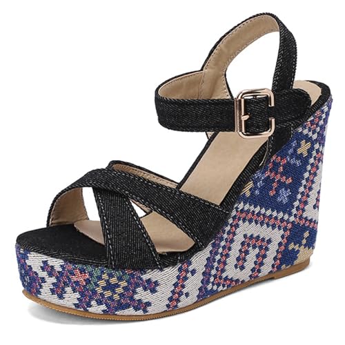 Sandalias de Esparto Plataforma de Cuña Mujer Tacón Grueso Tira de Tela Punta Abierta Cuñas de Vestir Casual para Viajes de Vacaciones y Atuendo de Resort,Negro,47 EU