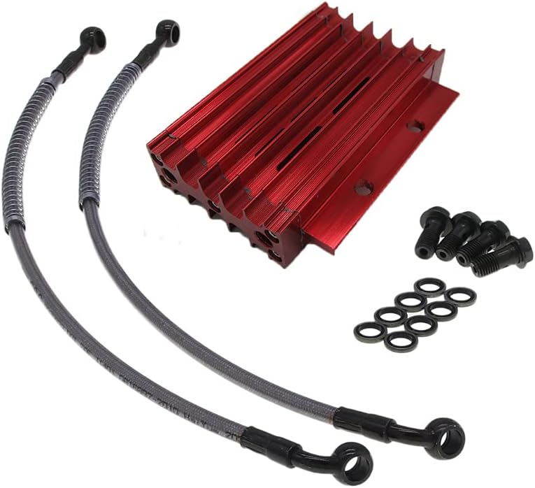 CNC Engine Oil Cooler Kit, Aluminum Alloy Oil Cooler Cooling Radiator Hose Bolt Kit for Monkey Pit Dirt Bike 110cc 125cc 140cc 150cc(RED)