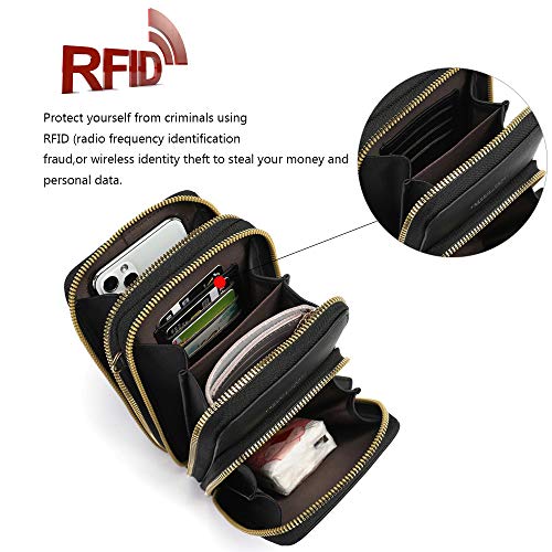 Image of myfriday Touch Screen RFID Phone Crossbody Purse with 2 Straps for Women | Clear phone window, RFID card space, 11 slots and zip pockets support quick calls, errands, theme parks and travel