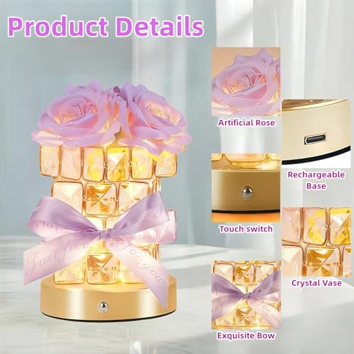 Image of Women Gifts Purple Rose Flower Lamp Cordless LED Touch Flower Night Light | 3-Colour Stepless Dimming,Rechargeable Small Flower Bedside Table Lamp,Birthday Gift for Women,Home Living Room Bedroom Decor