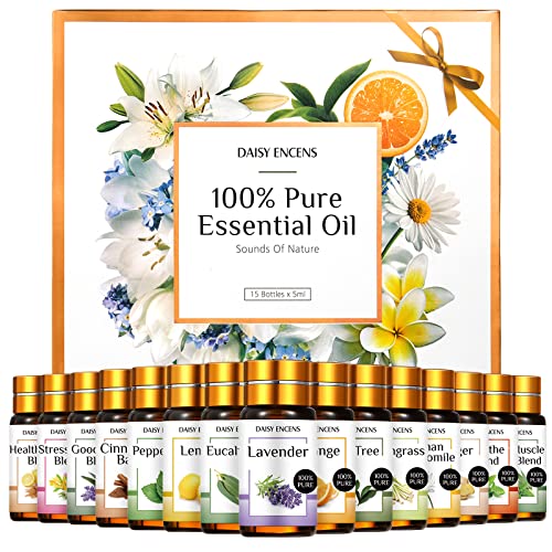 Essential Oils Sets, Top 15 (10 Oils & 5 Blends) Therapeutic Grade, 100% Pure Essential Oils Aromatherapy, Diffuser, Bath, Aromatherapy Blends Oils with 2 Dropper, Lavender, Tea Tree, Peppermint-5ml