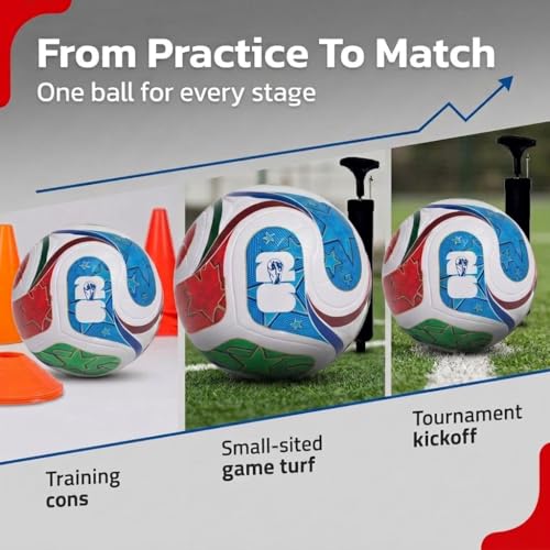 Image of Kizlo Size 5 Football - Hand-Stitched PU Leather Soccer Ball with Pump & Needle | High Grip, Durable & Air Retention | Training & Match Ball for Kids, Youth & Adults | World Cup Design Multicolor
