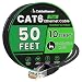 Cat 6 Ethernet Cable 50 ft (at a Cat5e Price but Higher Bandwidth) Cat6 Internet Network Cable - Flat Ethernet Patch Cable Short - Black Computer LAN Cable + Free Cable Clips and Straps