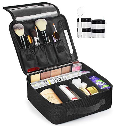 Travel Makeup Cosmetic Bag - Portable Makeup Organizer with Removable Dividers for Cosmetics Makeup Brushes Toiletry Jewelry Digital Accessories, Large Capacity, Black