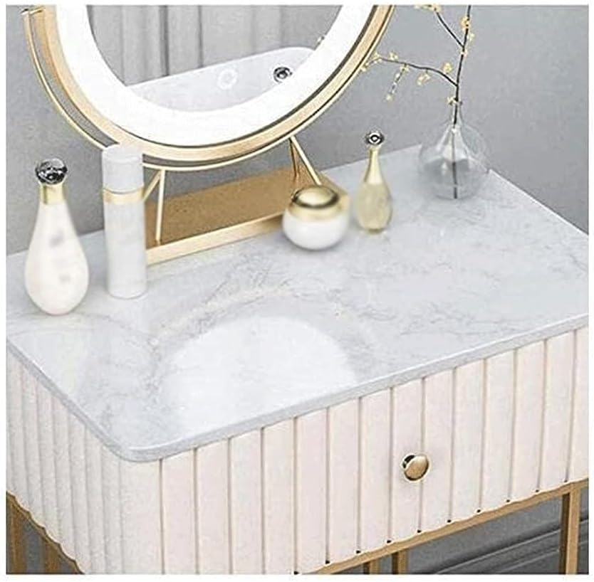 Marble Vanity Benches Set Vanitys Table with Led Lighted Round-Mirrors and Upholstered Stool for Bathroom Bedroom Girls Vanity for Gift (Color : 80cm)