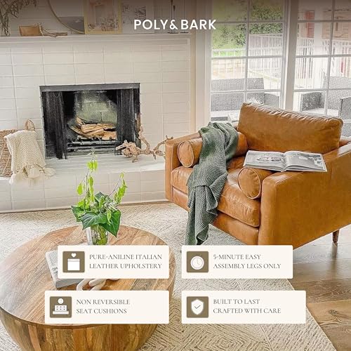 Image of POLY & BARK Napa Lounge Chair - 42 inch - Cognac Tan - Italian-Tanned Full-Grain Pure-Aniline Leather, Feather-Down Cushions, Solid Wood Frame