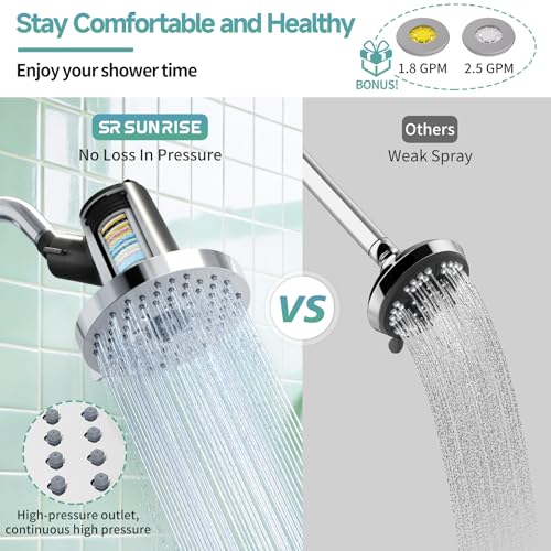 Image of SR SUN RISE Filtered Shower Head with Filters- High Pressure Rain Shower Head,with 20-Stage shower Filter,1.8 /2.5 GPM Flow Rate,6 Spray Modes for Hard Water Softener,Remove Chlorine (Chrome,5.5 Inch)