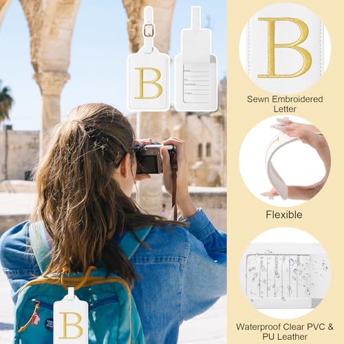 Image of Initial Luggage Tags for Suitcases, Cute Embroidered Letter Luggage Bag Suitcase Identifier Name Baggage Tag, PU Leather Travel Luggage Tags, Bag Tags for Men Women Kids Luggage Handbags(White B)