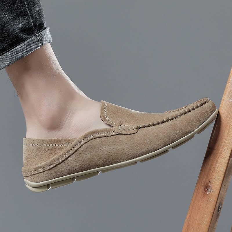 Men's Loafers Shoes Solid Color Round Toe Suede Vamp Foldable Heel Loafer Shoes Flat Heel Lightweight Flexible Party Slip-ons(Khaki,11)4