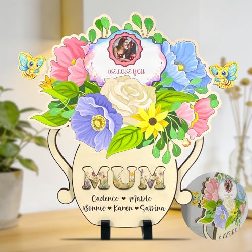 Personalized Best Mum Trophy Sign - Mom Wooden Award Plaque Rotating Photo Frame Custom with Family Photos and Names, Ideal Mother's Day Birthday Gift for Mom Grandma Mama from kids