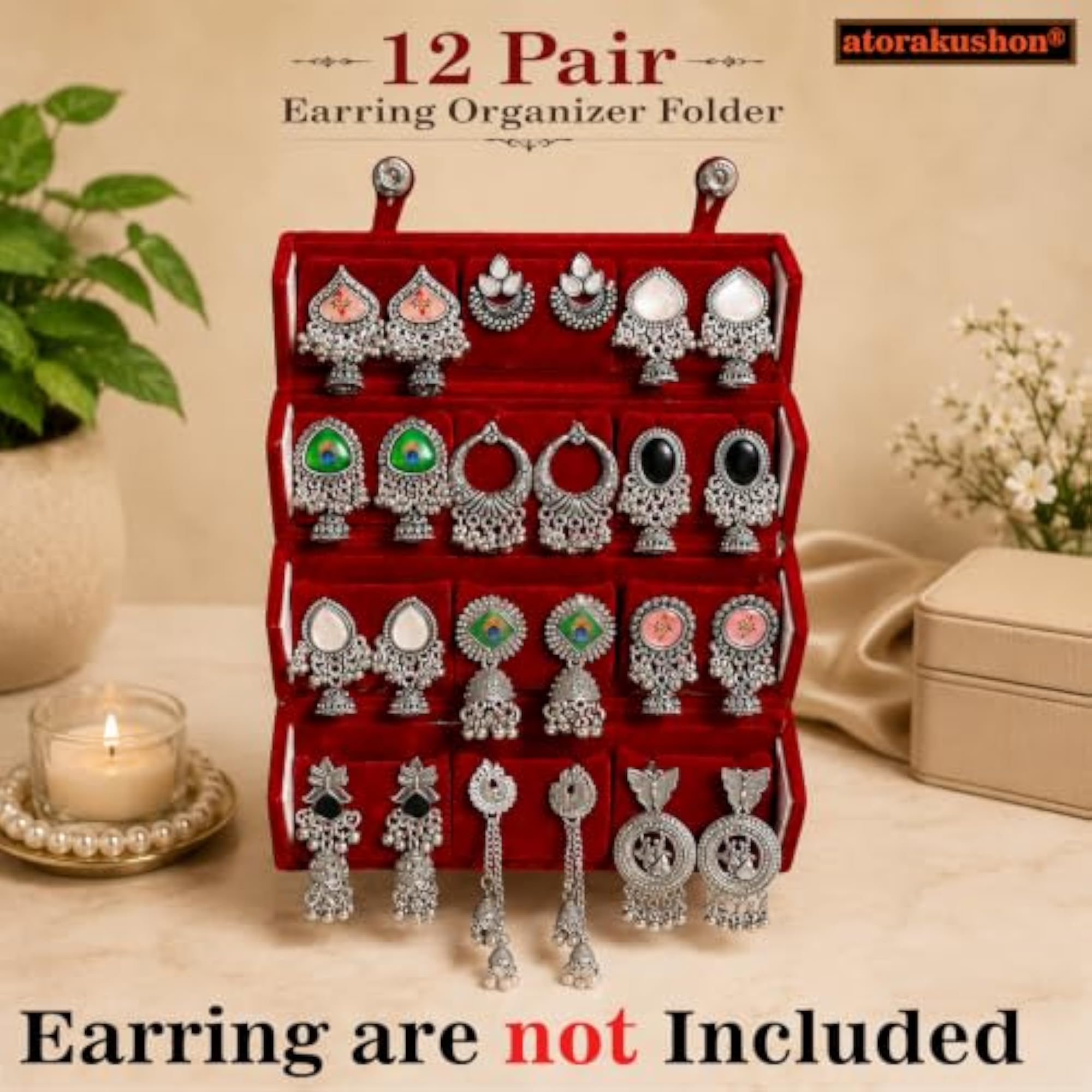 12 Pair Velvet Maroon Earring Storage Box, Pack of 3