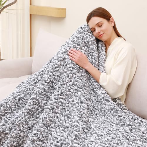 Image of #6 Super Bulky Blanket Yarn for Crocheting - 4 Skeins(Each 10.5oz /300g, 220yds /201m), Chunky Chenille Thick Plush Big Soft Yarn for Crocheting Knitting Blankets, Multi Grey & White
