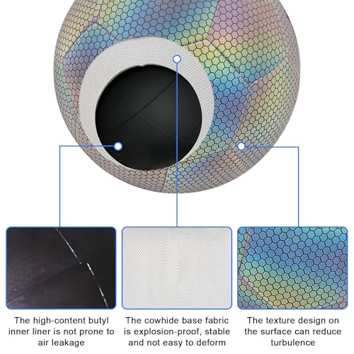 PORFOYO Curve Ball Fussball, Leuchtender Fußball Offizielle Größe 5, Reflektierender Fußball mit Luftpumpe, Holografisch Leuchtend Fußbälle für Drinnen Draußen