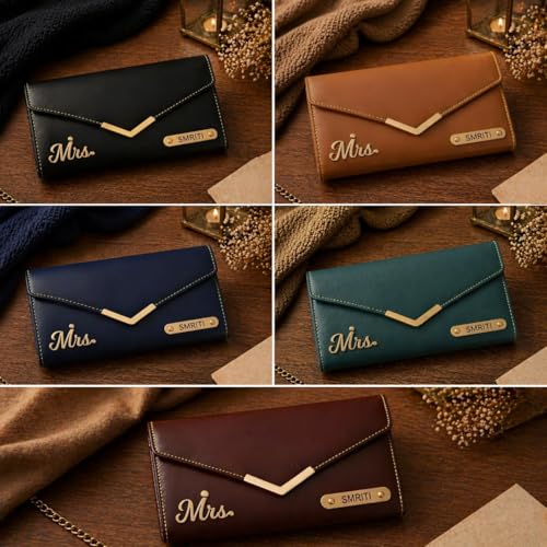 Image of Personalized Couple Wallet Gift Set | Custom Name Engraved Bifold Wallet for Men & Ladies Clutch Combo | Premium Faux Leather | Anniversary Wedding Gift for Husband Wife