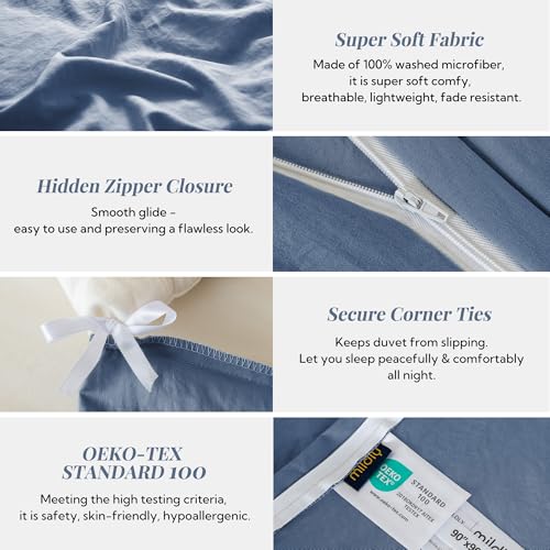 Image of MILDLY Duvet Cover Cal King Ultra Soft Comforter Cover Set 3pcs, Denim | Washed Microfiber Cotton-Like, Breathable Comfort, Hidden Zipper, Corner Ties, OEKO-TEX Certified, Fade Resistant