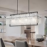 IKK Modern Black Rectangle Chandelier for Dining Room, 4-Lights Water Ripple Glass Farmhouse Pendant