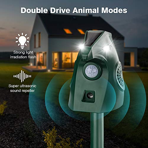 HC Ultrasonic Animal Repellent, Solar Powered Repeller, Outdoor Animal Chase with Ultrasonic Sound, Motion Sensor Detector& Flashing Light, Waterproof Pets Deterrent Repels Dog, Cat, Fox