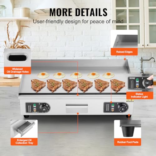 VEVOR 30" Commercial Electric Griddle 3000W Electric Countertop Griddle Non-Stick Restaurant 110V Teppanyaki Flat Top Grill Stainless Steel Adjustable Temperature Control 122°F-572°F (NO PLUG)