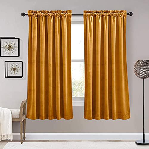 Image of RYB HOME Gold Velvet Curtains - Super Soft Room Darkening Insulating Small Window Drapes for Bedroom Living Room Dining, Wide 52 x Long 63 inch, Marigold, 2 Panels