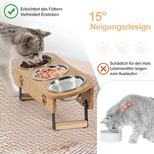 GHIAKQYT Futternapf Katze Erhöht - Futterstation Katzen 3er Set Näpfe Erhöht, Katzennapf Höhenverstellbar, Fressnapf Futterbar mit Ständer Edelstahl Näpfe für Wasser Futter - erhöhter Futternapf Katze