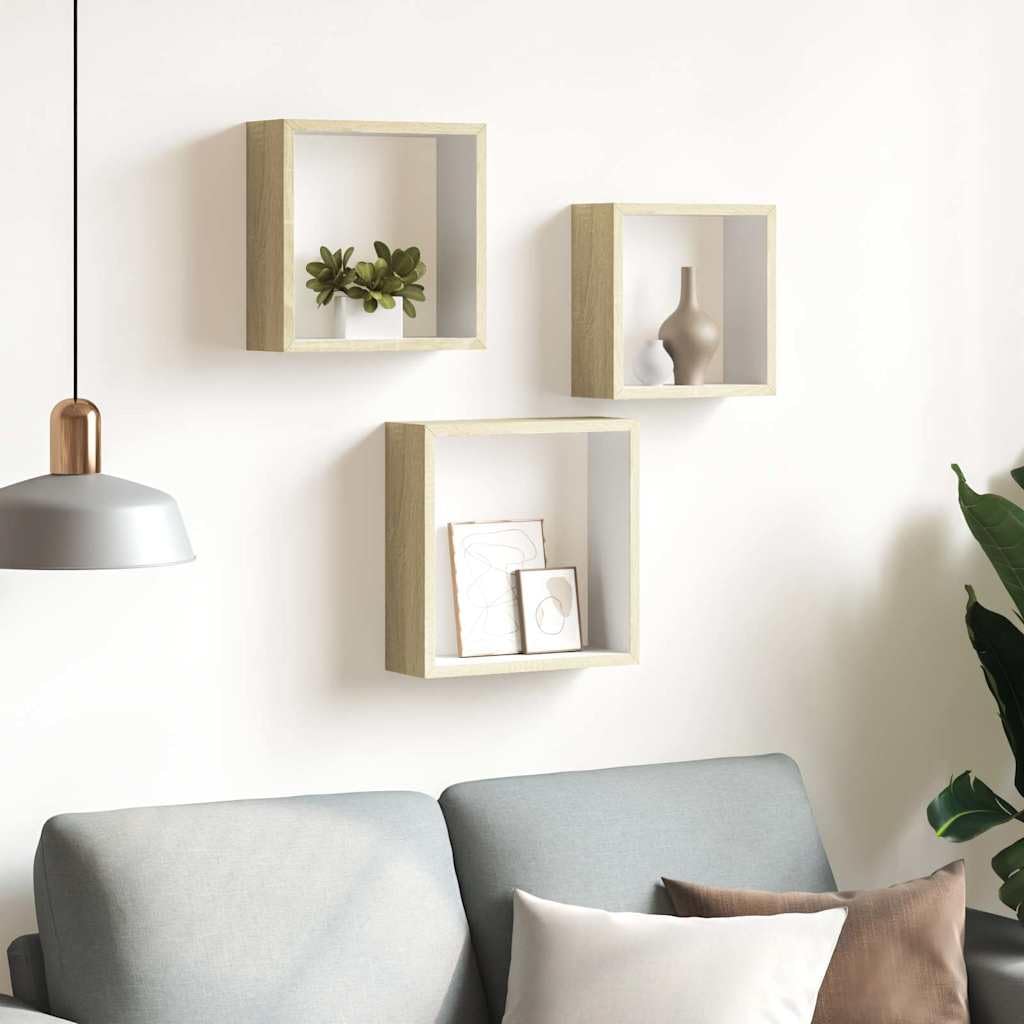 Würfelregale 3 STK. Weiß Sonoma-Eiche MDF Wandregal Schweberegal mit unsichtbarer Halterung Regalwürfel für Wohnzimmer Schlafzimmer Büro Küche zur stilvollen Ablage und Dekoration