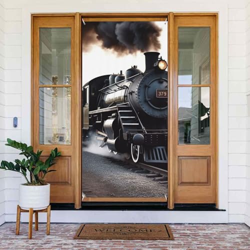 ウェルカムドアカバー デコレーション ドアバナー 72.8 x 35.4インチ、蒸気機関車 ポーチバナーサイン 写真背景 季節のフロントドア吊り下げバナー ホリデーパーティー 屋内 屋外装飾