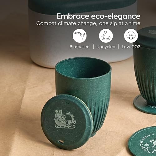 Image of Eha Earth-Friendly Christmas Gifts for Friends and Family | Secret Santa Gifts | Made with Rice Husk | Printed Christmas Mug and Coasters Set of 2, Keychain & Loopac Box | 360 ml | Fern